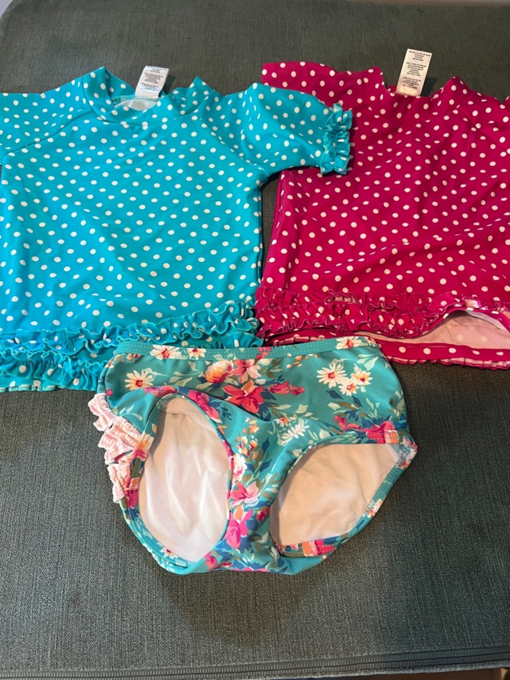 Ruffle Butts Turquoise & Pink Polka Dot Rashguard Set with Floral Swim Bottoms